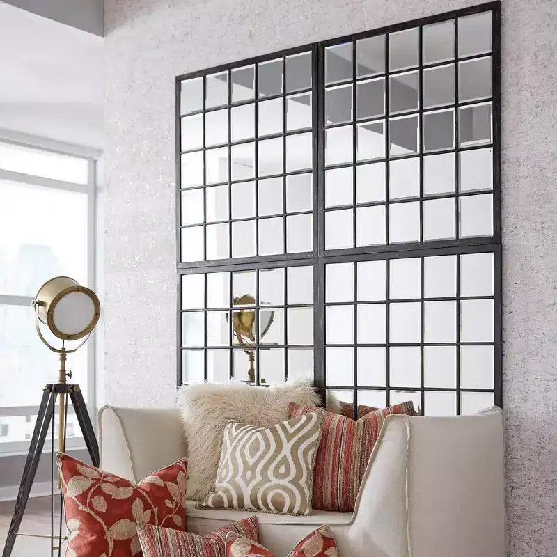 Miroir mural biseauté à cadre métallique - Bronze huilé, effet fenêtre, 38 x 24 po.