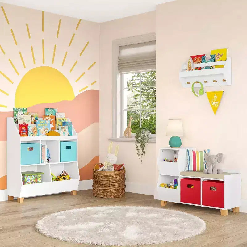 Organisateur de jouets 35" pour enfants avec espaces de rangement, bacs et étagère à livres - Blanc