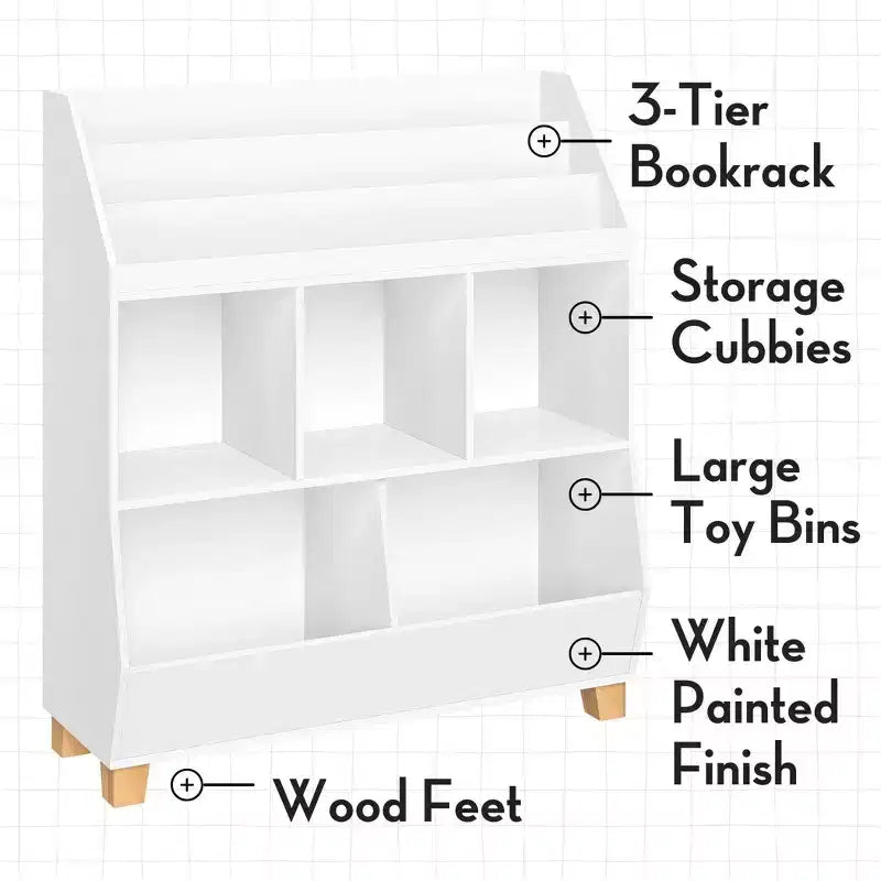 Organisateur de jouets 35" pour enfants avec espaces de rangement, bacs et étagère à livres - Blanc