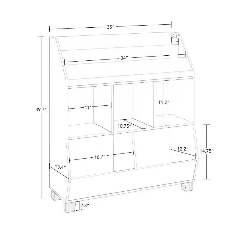Organisateur de jouets 35" pour enfants avec espaces de rangement, bacs et étagère à livres - Blanc