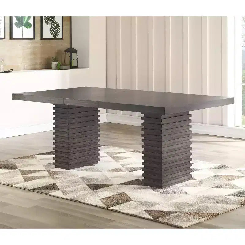Table de salle à manger extensible - Gris délavé, double pied central, 6 places