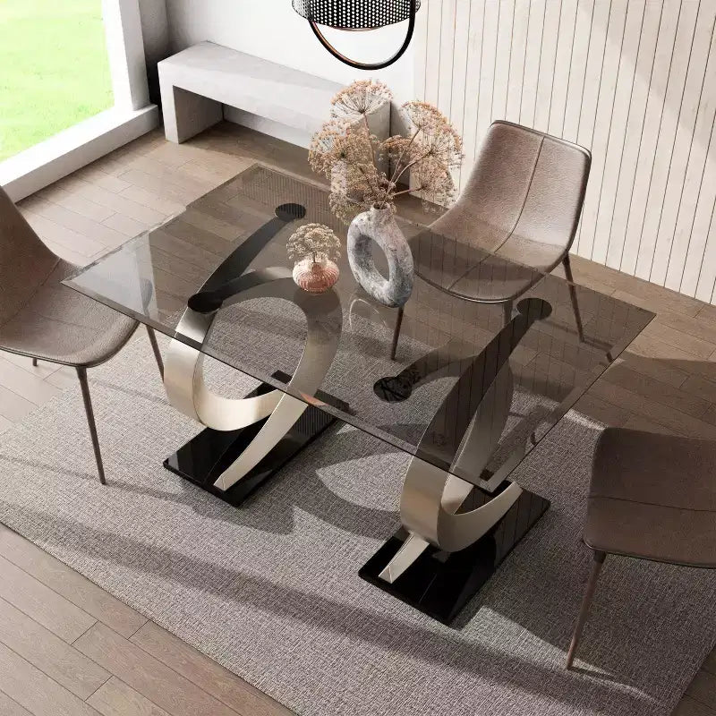 Table à manger moderne rectangulaire en verre de 58" - Bord biseauté, double piédestal