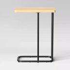 Table d'appoint en C avec plateau rectangulaire en bois et métal, bois naturel