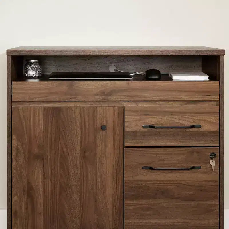 Secrétaire multifonctionnel - Noyer naturel, tablette coulissante, tiroir classeur