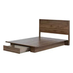 Lit plateforme double/grand format avec tiroir de rangement et étagère de tête de lit – Noyer naturel