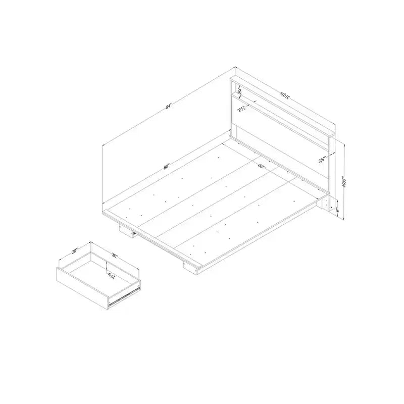 Lit plateforme double/grand format avec tiroir de rangement et étagère de tête de lit – Noyer naturel