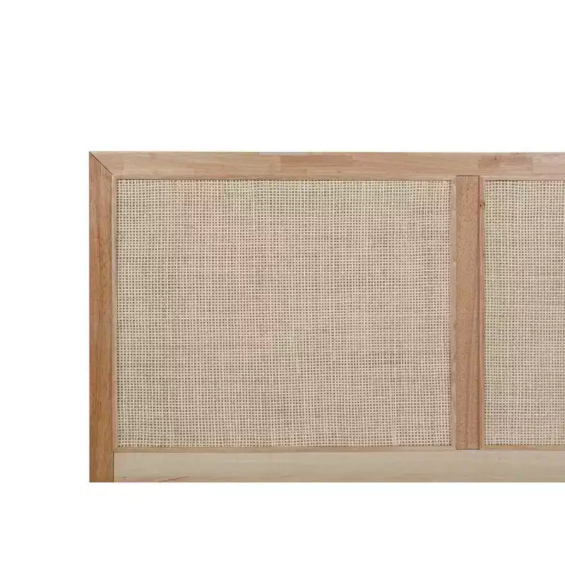 Lit plateforme Boho Queen – Fini naturel, tête de lit en rotin