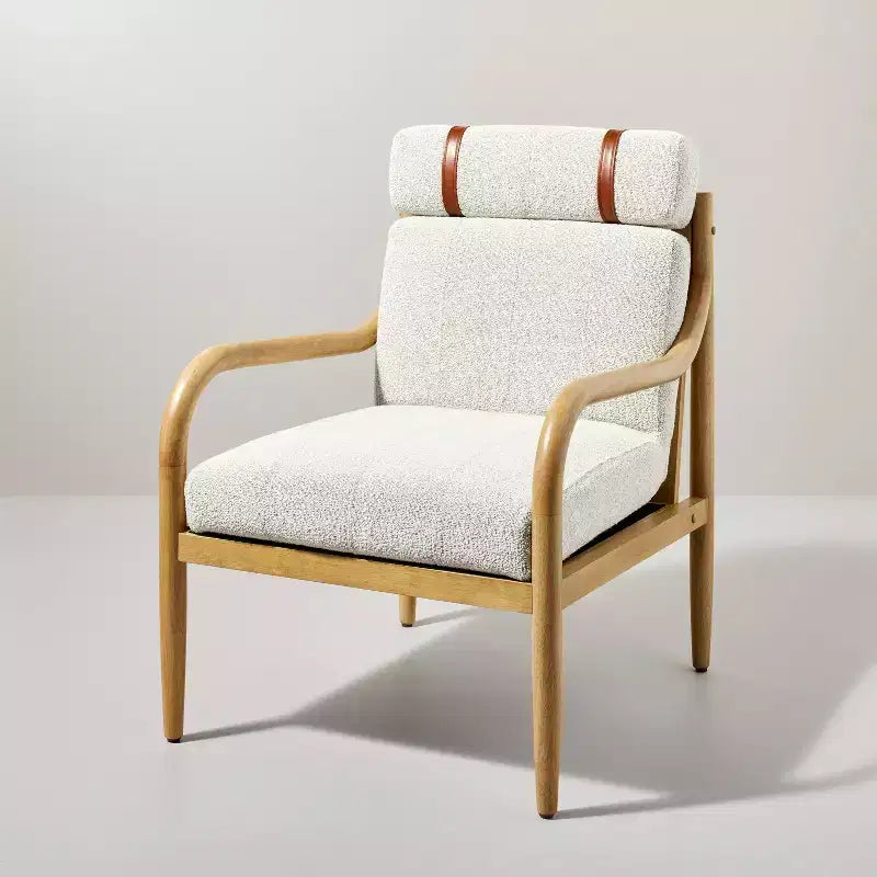 Fauteuil d'appoint en bois tapissé de bouclette – Structure en hévéa, coussins amovibles