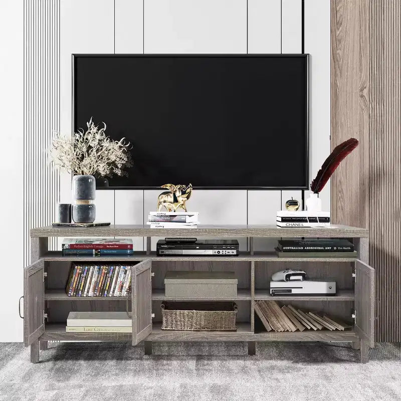 Meuble TV pour téléviseurs jusqu'à 65 pouces avec portes en rotin