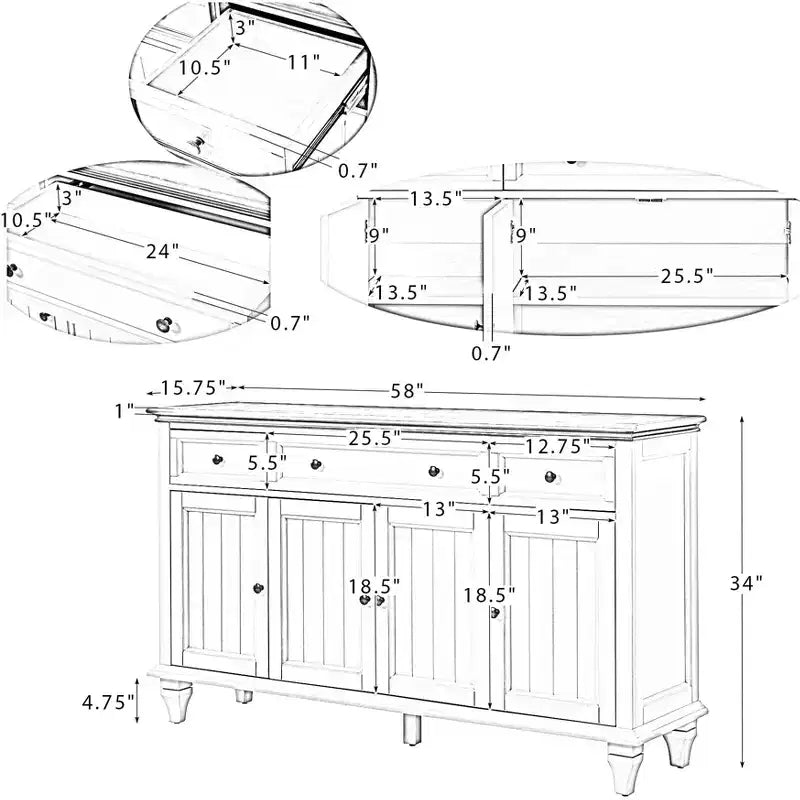 Buffet traditionnel de 147 cm de large à 3 tiroirs avec pieds en bois massif