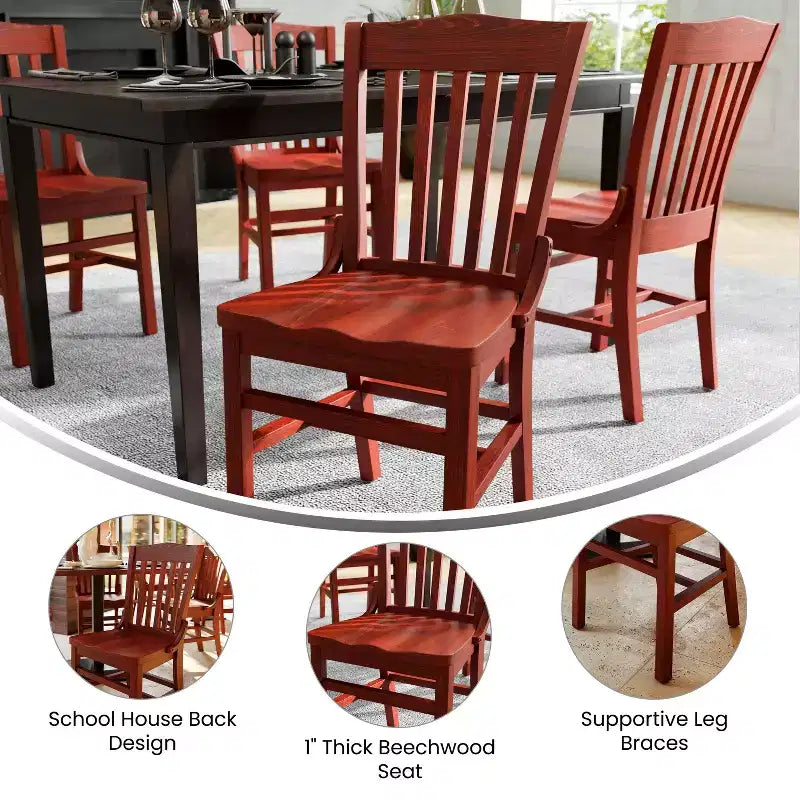 Lot de 2 chaises de restaurant en bois d'acajou de style "School House" - Qualité commerciale