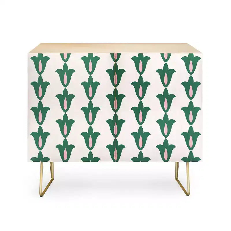 Enfilade Rétro à Motif Floral Vert - Cadre en Bouleau, 2 Portes