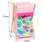 Panier à linge rose botanique avec cadre en bois