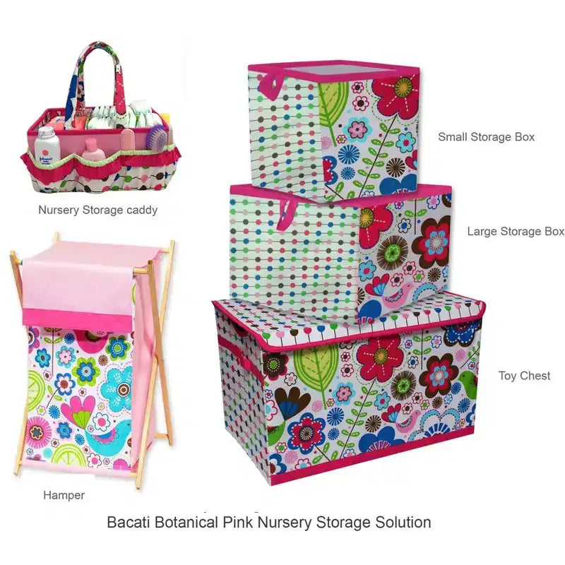 Panier à linge rose botanique avec cadre en bois