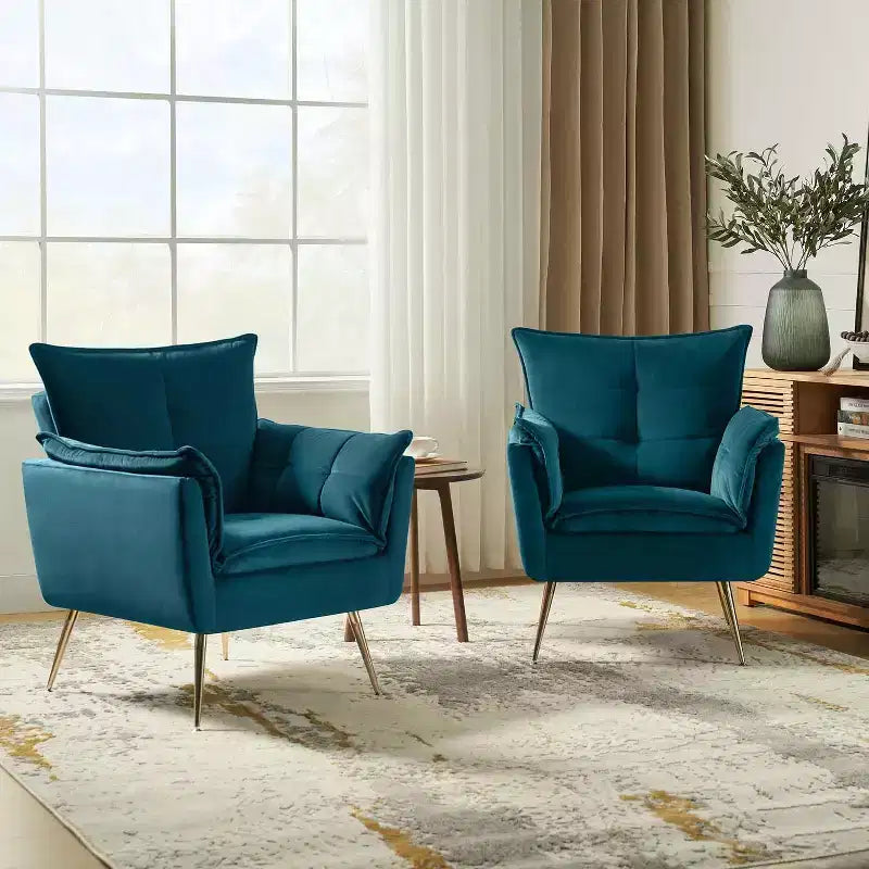 Ensemble de 2 fauteuils contemporains en velours avec pieds en métal pour chambre et salon