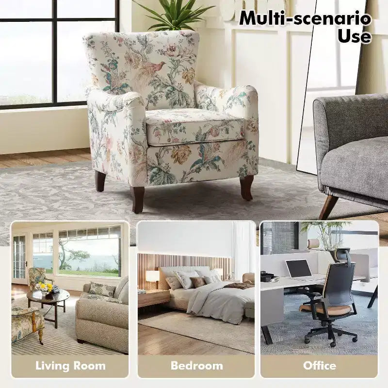 Fauteuil à oreilles en tissu fleuri - Structure en bois, rembourrage en mousse