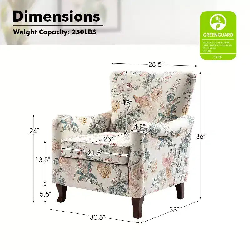 Fauteuil à oreilles en tissu fleuri - Structure en bois, rembourrage en mousse