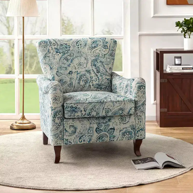 Fauteuil à oreilles en tissu fleuri - Structure en bois, rembourrage en mousse
