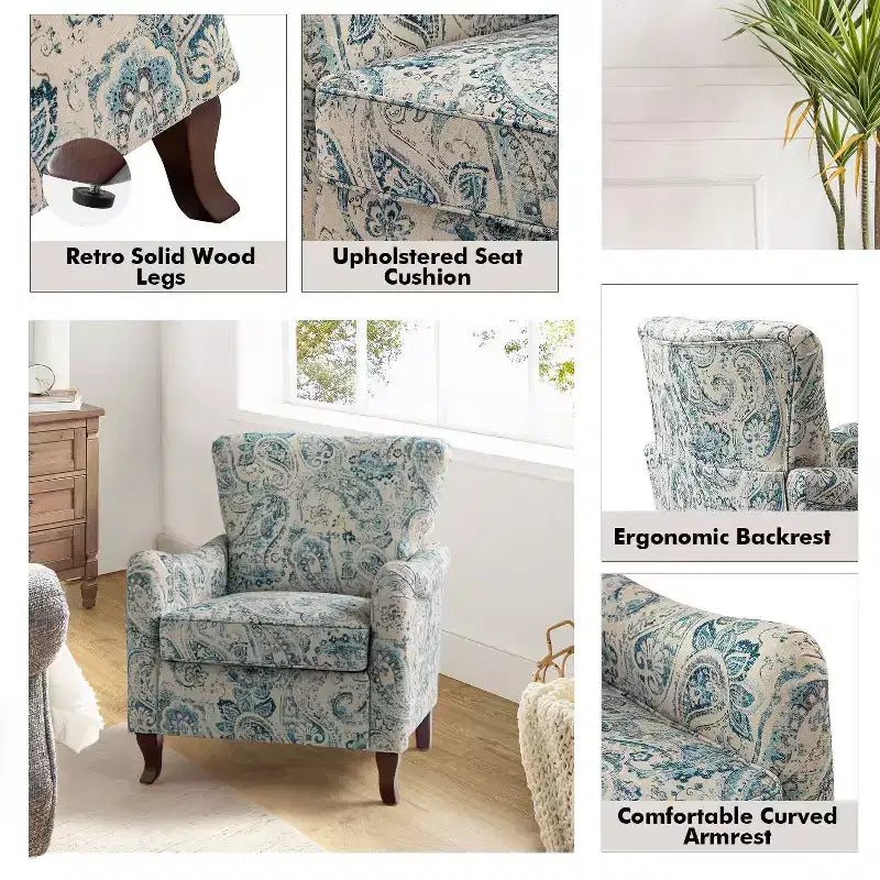 Fauteuil à oreilles en tissu fleuri - Structure en bois, rembourrage en mousse