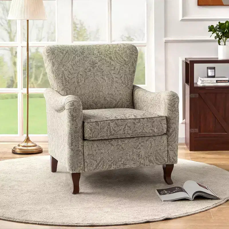 Fauteuil à oreilles en tissu fleuri - Structure en bois, rembourrage en mousse