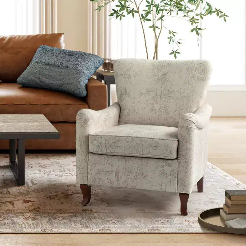 Fauteuil à oreilles en tissu fleuri - Structure en bois, rembourrage en mousse