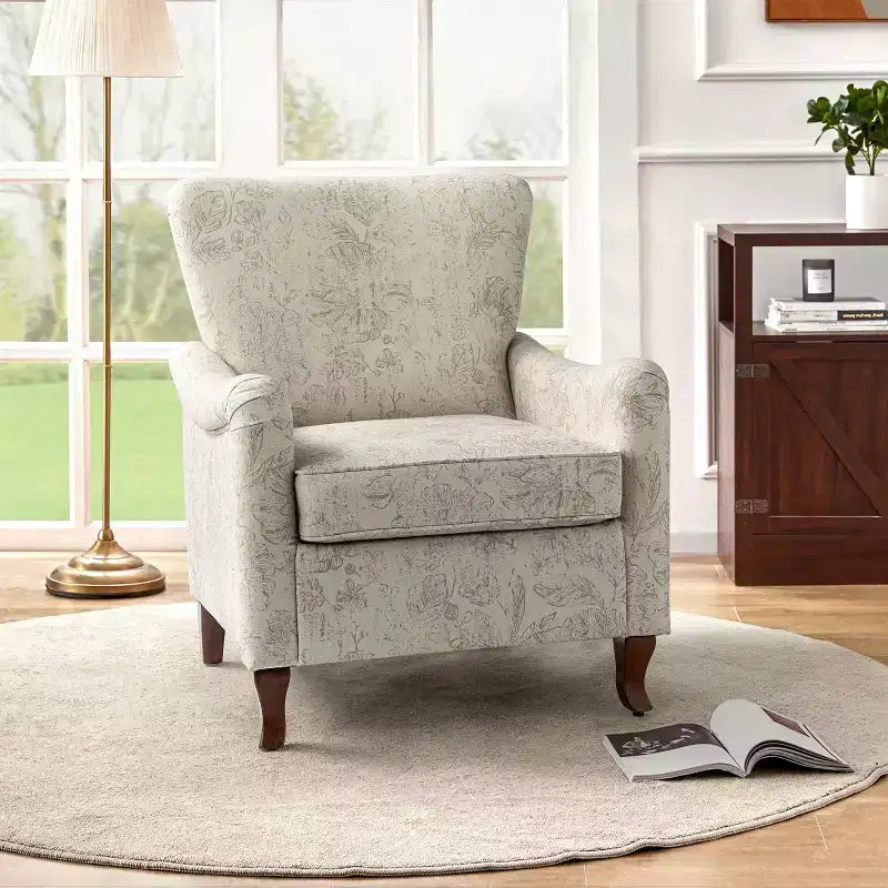Fauteuil à oreilles en tissu fleuri - Structure en bois, rembourrage en mousse