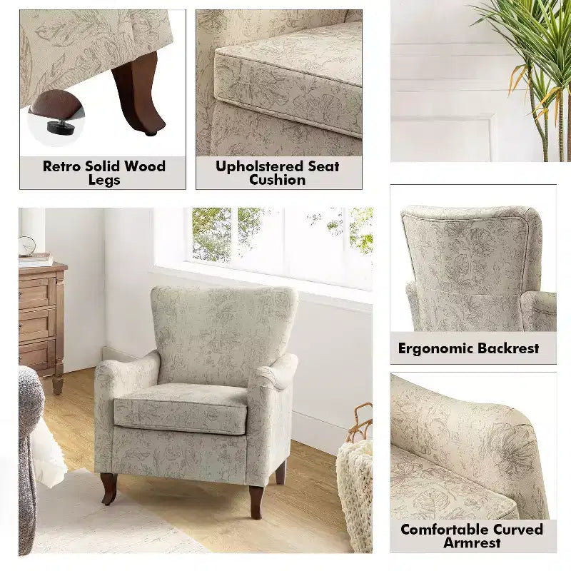 Fauteuil à oreilles en tissu fleuri - Structure en bois, rembourrage en mousse