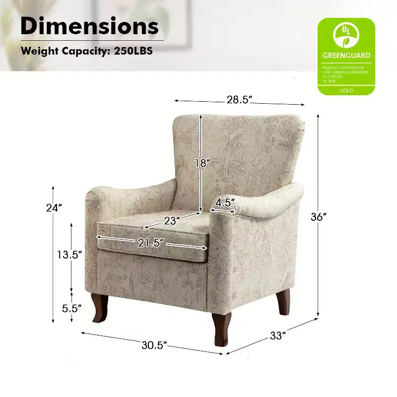 Fauteuil à oreilles en tissu fleuri - Structure en bois, rembourrage en mousse