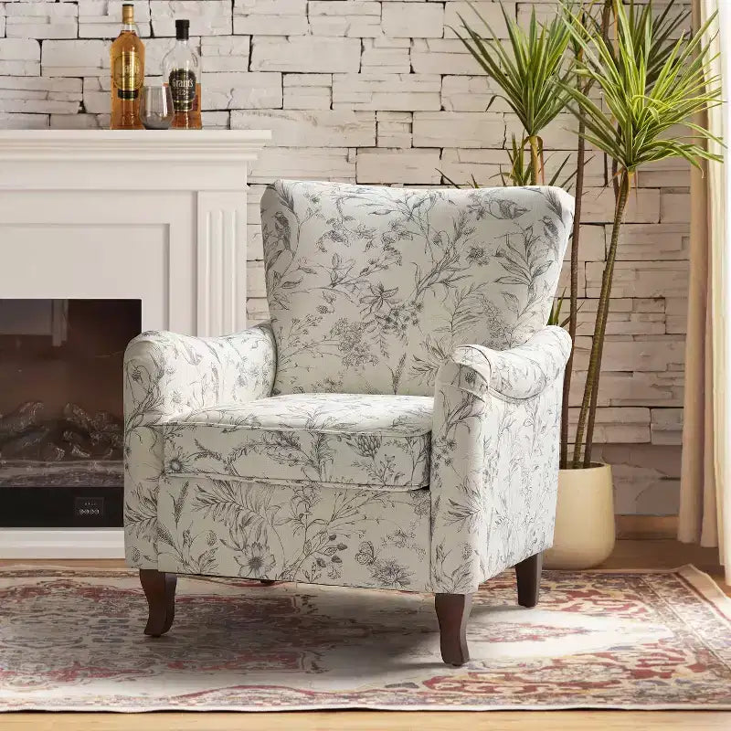 Fauteuil à oreilles en tissu fleuri - Structure en bois, rembourrage en mousse