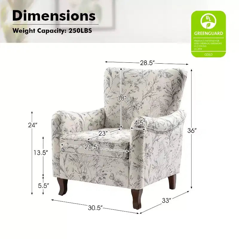 Fauteuil à oreilles en tissu fleuri - Structure en bois, rembourrage en mousse