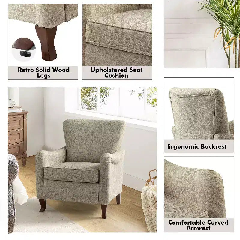 Fauteuil à oreilles en tissu fleuri - Structure en bois, rembourrage en mousse