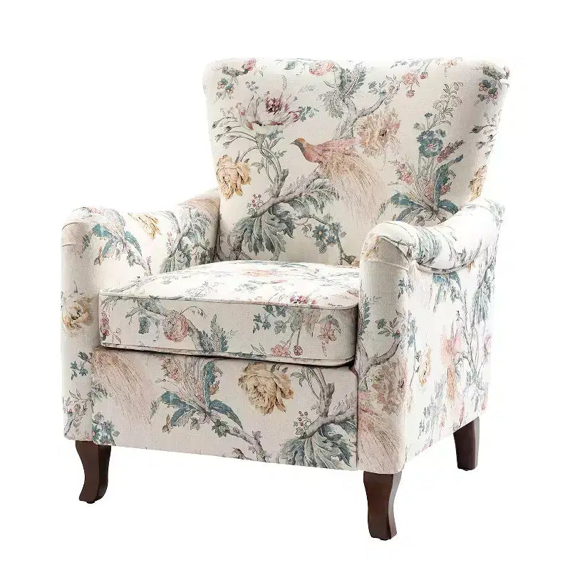 Fauteuil à oreilles en tissu fleuri - Structure en bois, rembourrage en mousse