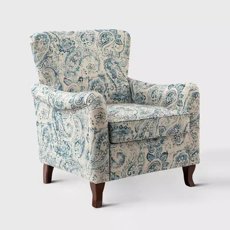Fauteuil à oreilles en tissu fleuri - Structure en bois, rembourrage en mousse
