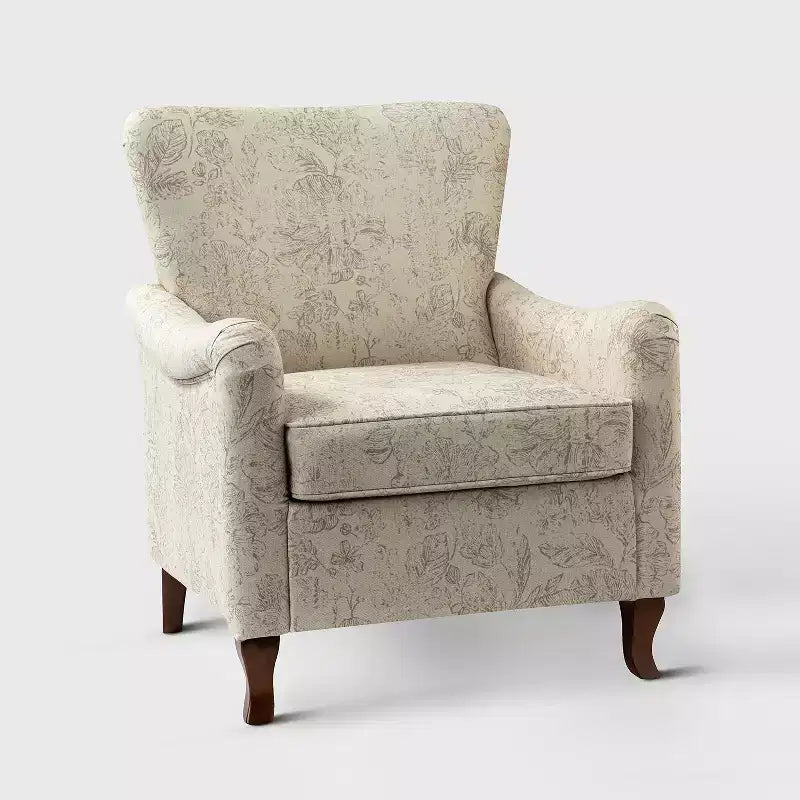 Fauteuil à oreilles en tissu fleuri - Structure en bois, rembourrage en mousse