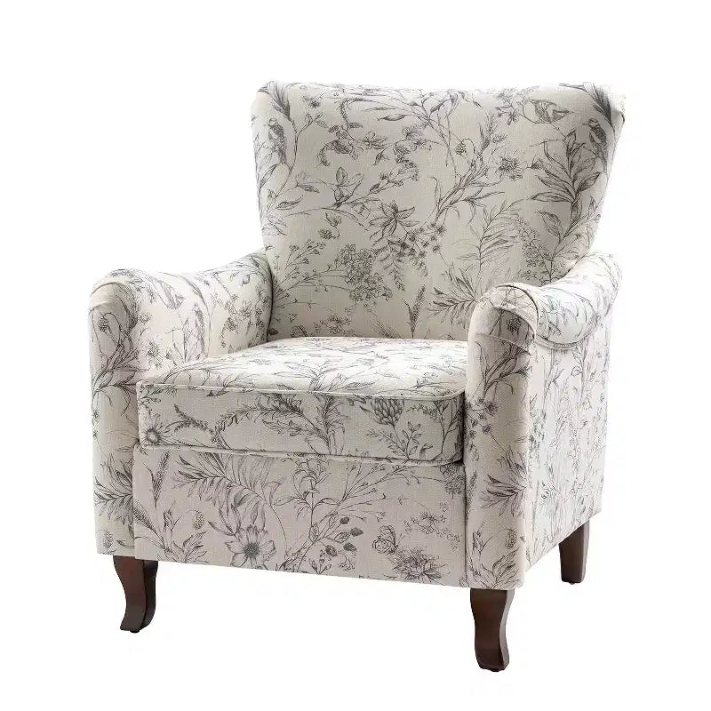 Fauteuil à oreilles en tissu fleuri - Structure en bois, rembourrage en mousse