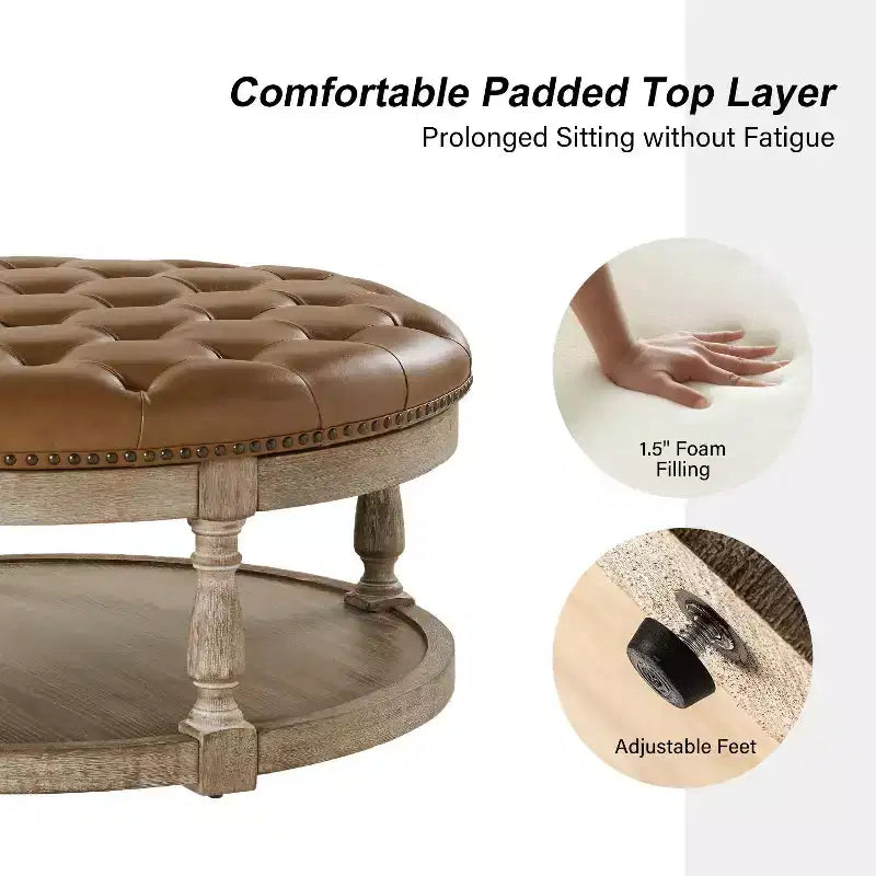 Pouf de cocktail rond en cuir végétalien avec rangement et garniture cloutée