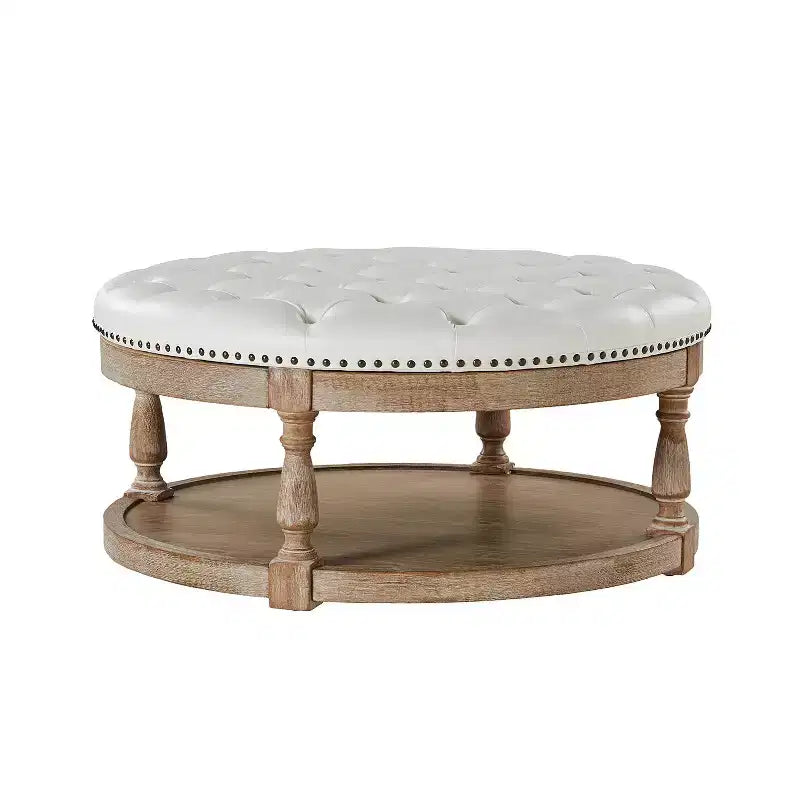 Pouf de cocktail rond en cuir végétalien avec rangement et garniture cloutée
