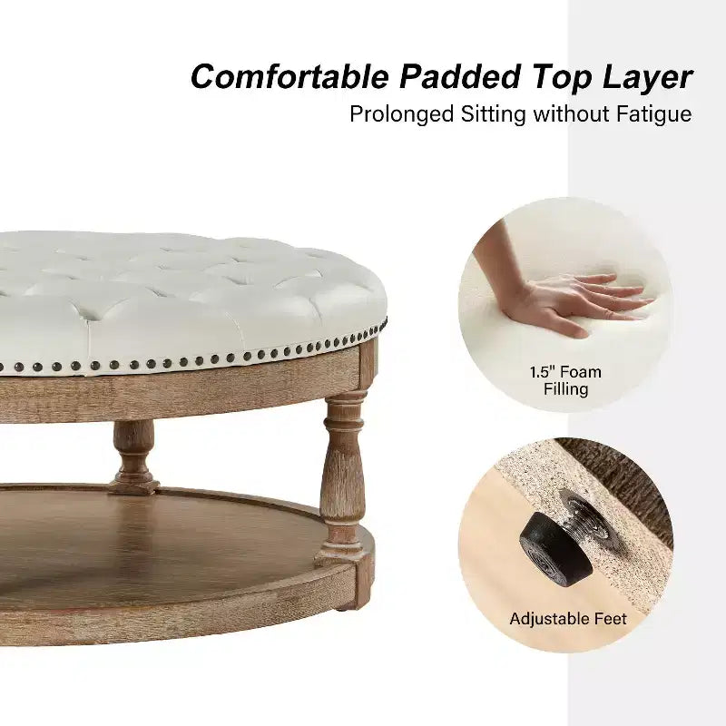 Pouf de cocktail rond en cuir végétalien avec rangement et garniture cloutée