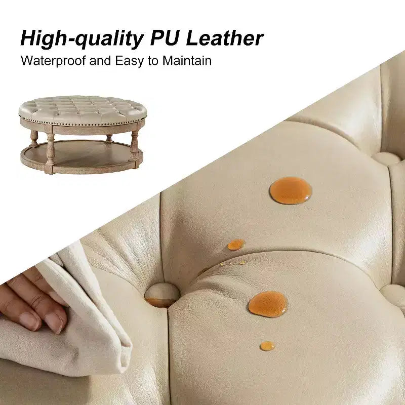 Pouf de cocktail rond en cuir végétalien avec rangement et garniture cloutée