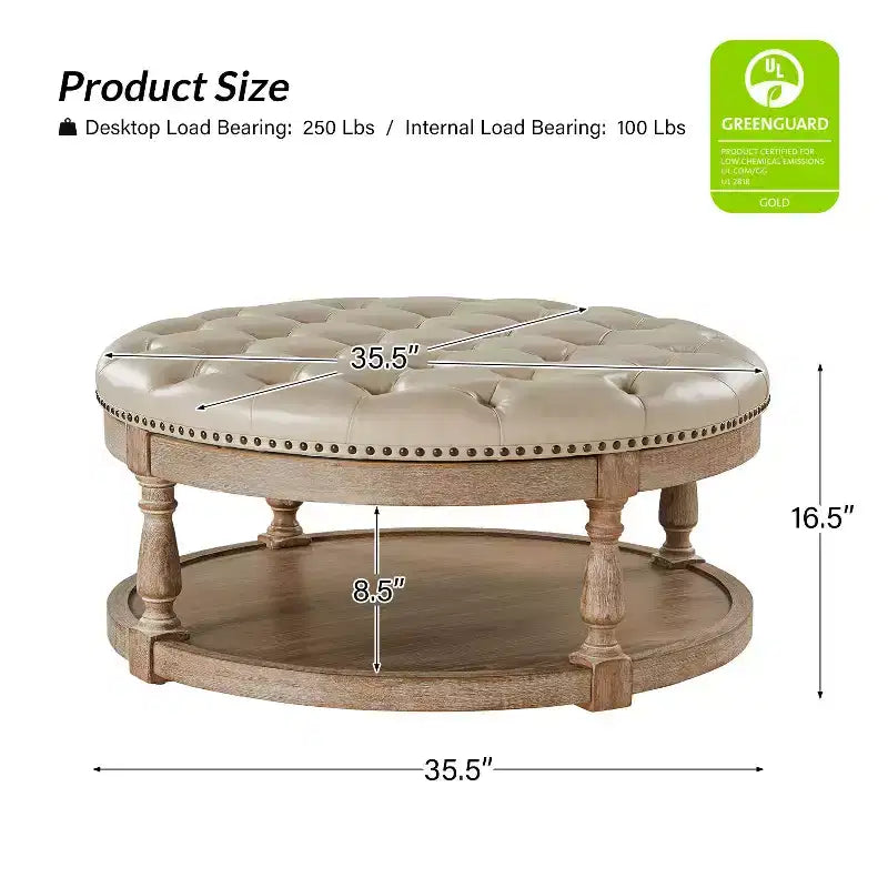Pouf de cocktail rond en cuir végétalien avec rangement et garniture cloutée