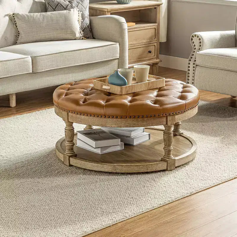 Pouf de cocktail rond en cuir végétalien avec rangement et garniture cloutée