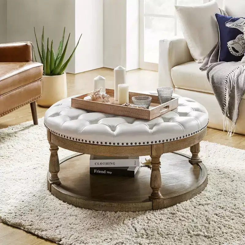 Pouf de cocktail rond en cuir végétalien avec rangement et garniture cloutée