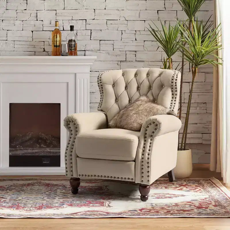 Fauteuil inclinable manuel en cuir véritable avec garniture cloutée - Salon et chambre à coucher