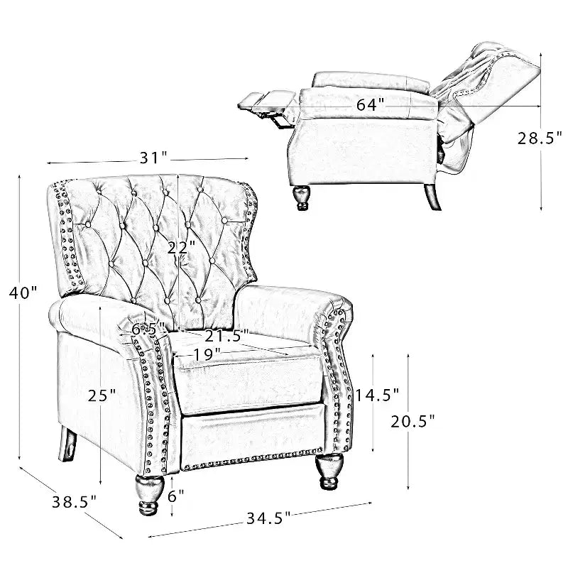Fauteuil inclinable manuel en cuir véritable avec garniture cloutée - Salon et chambre à coucher
