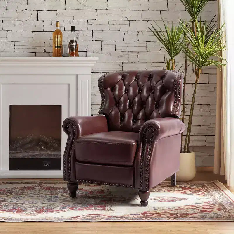 Fauteuil inclinable manuel en cuir véritable avec garniture cloutée - Salon et chambre à coucher
