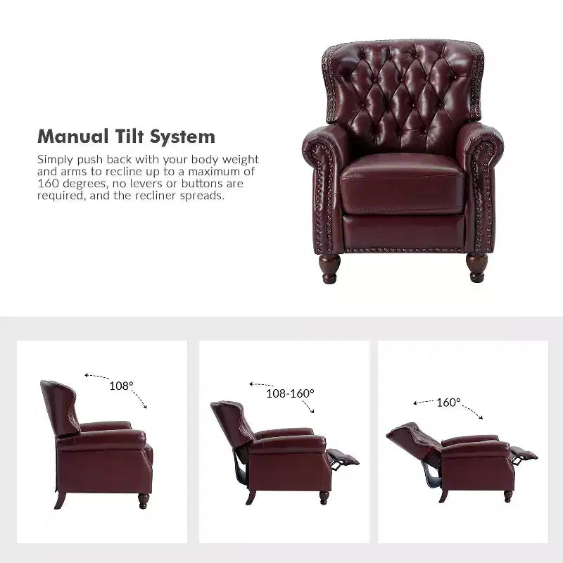 Fauteuil inclinable manuel en cuir véritable avec garniture cloutée - Salon et chambre à coucher