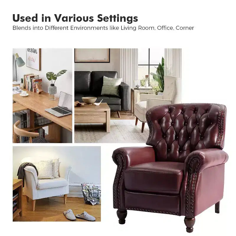 Fauteuil inclinable manuel en cuir véritable avec garniture cloutée - Salon et chambre à coucher