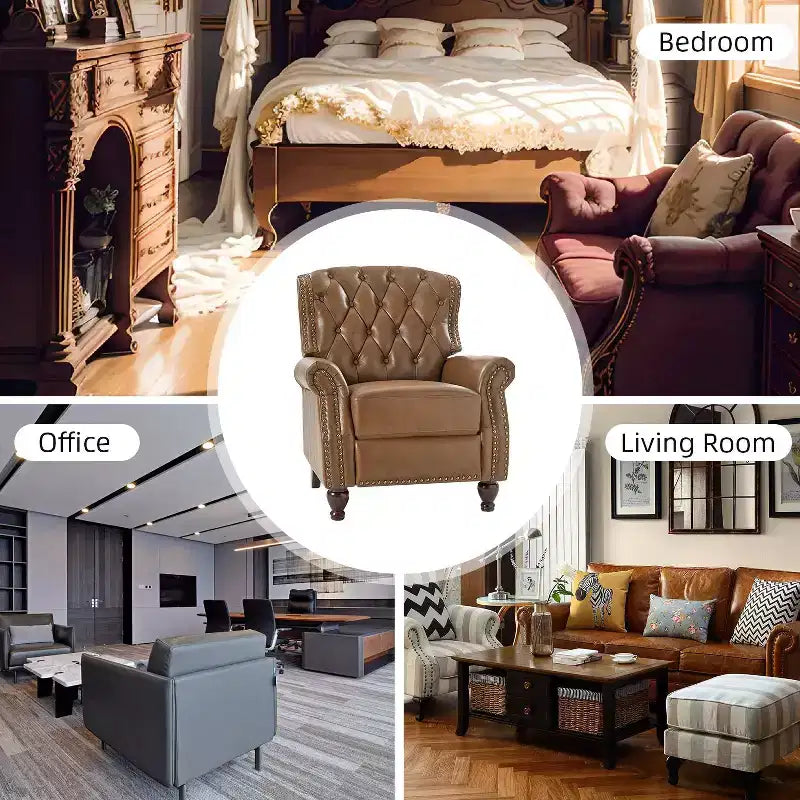 Fauteuil inclinable manuel en cuir véritable avec garniture cloutée - Salon et chambre à coucher
