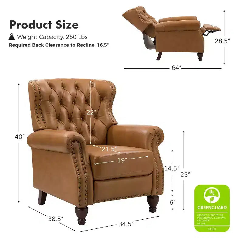 Fauteuil inclinable manuel en cuir véritable avec garniture cloutée - Salon et chambre à coucher