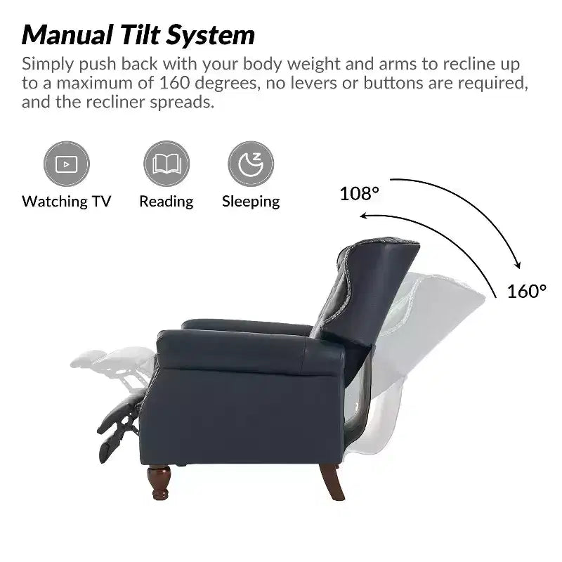 Fauteuil inclinable manuel en cuir véritable avec garniture cloutée - Salon et chambre à coucher